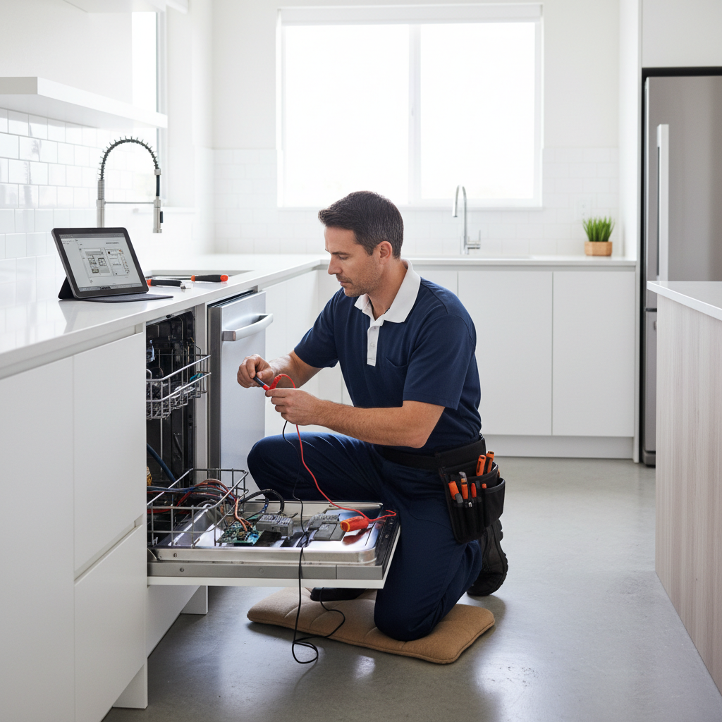 Technician repairing a dishwasher in a premium kitchen