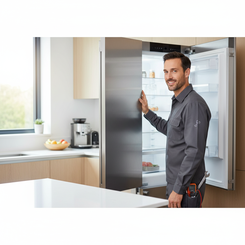 Professional technician inspecting a built-in refrigerator